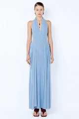 Juniper Halter Maxi Dress Denim Blue by Bec + Bridge - mesh halter maxi dress with waist cutouts and draped detailing, perfect for modern evening styling.