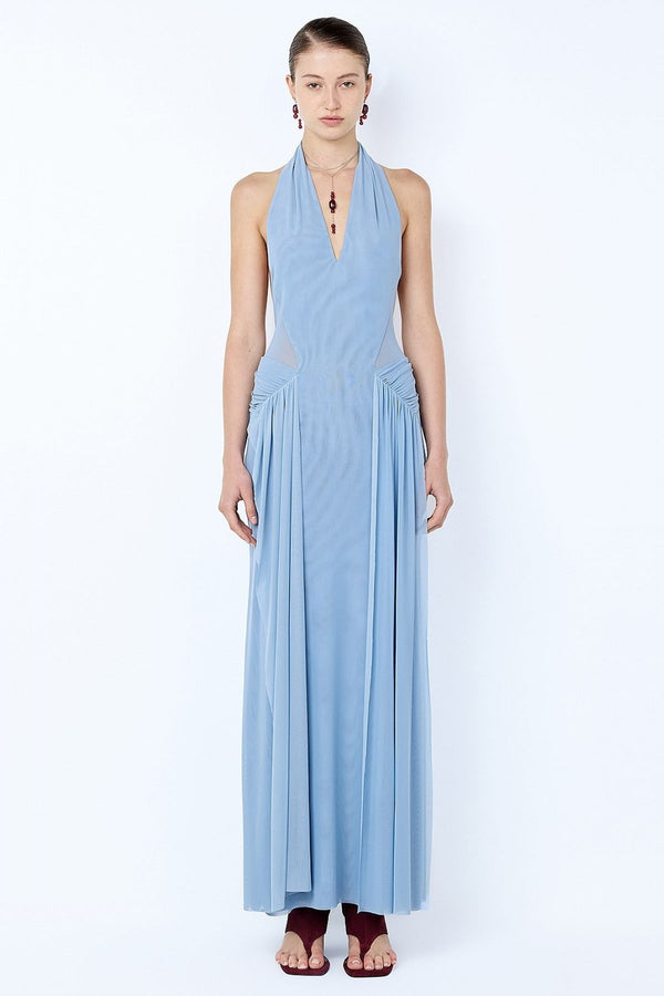 Juniper Halter Maxi Dress Denim Blue by Bec + Bridge - mesh halter maxi dress with waist cutouts and draped detailing, perfect for modern evening styling.