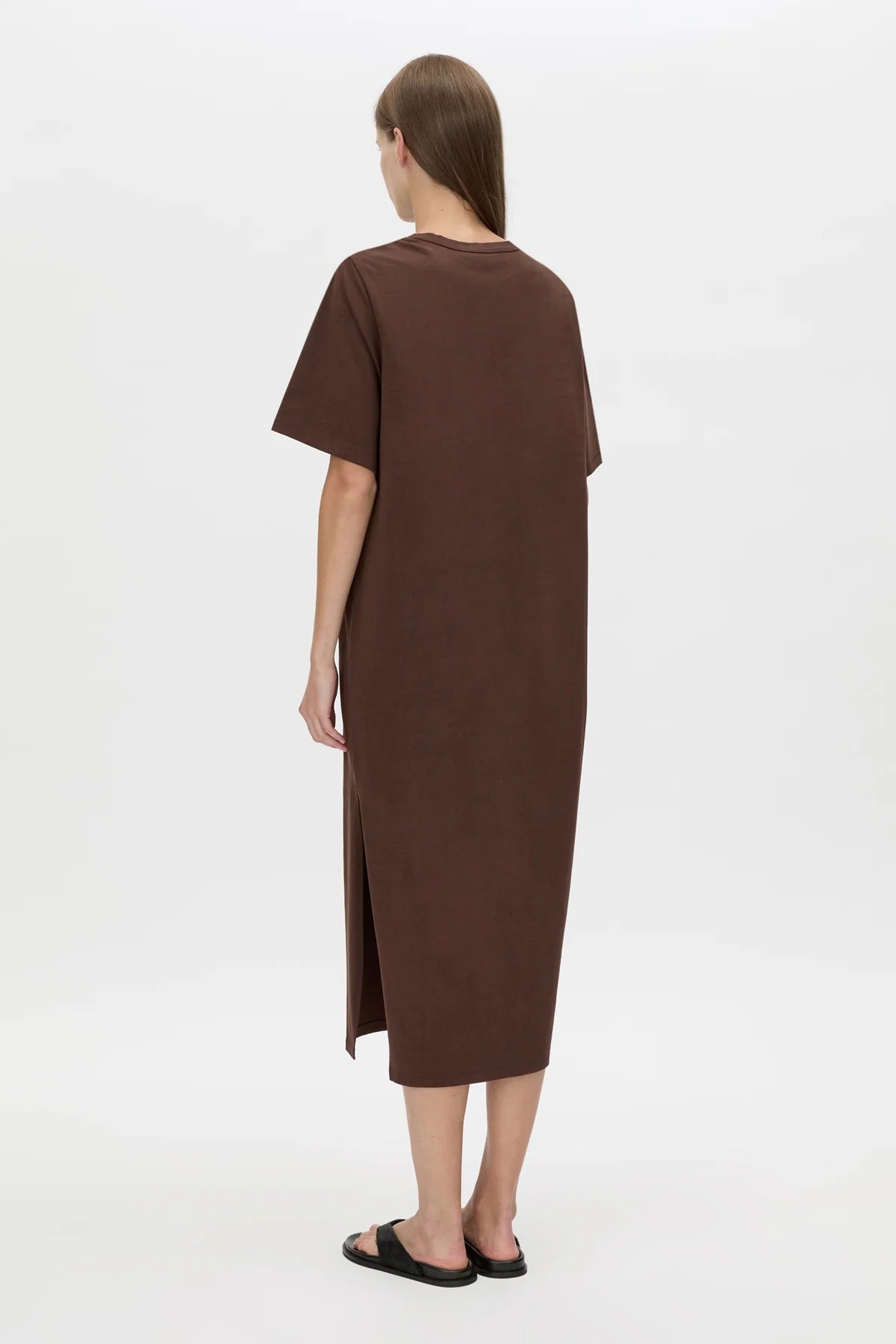 Juno Knot Tee Dress by Camilla and Marc — a chocolate cotton maxi with an asymmetric cut-out and draped knot detail for modern everyday wear.
