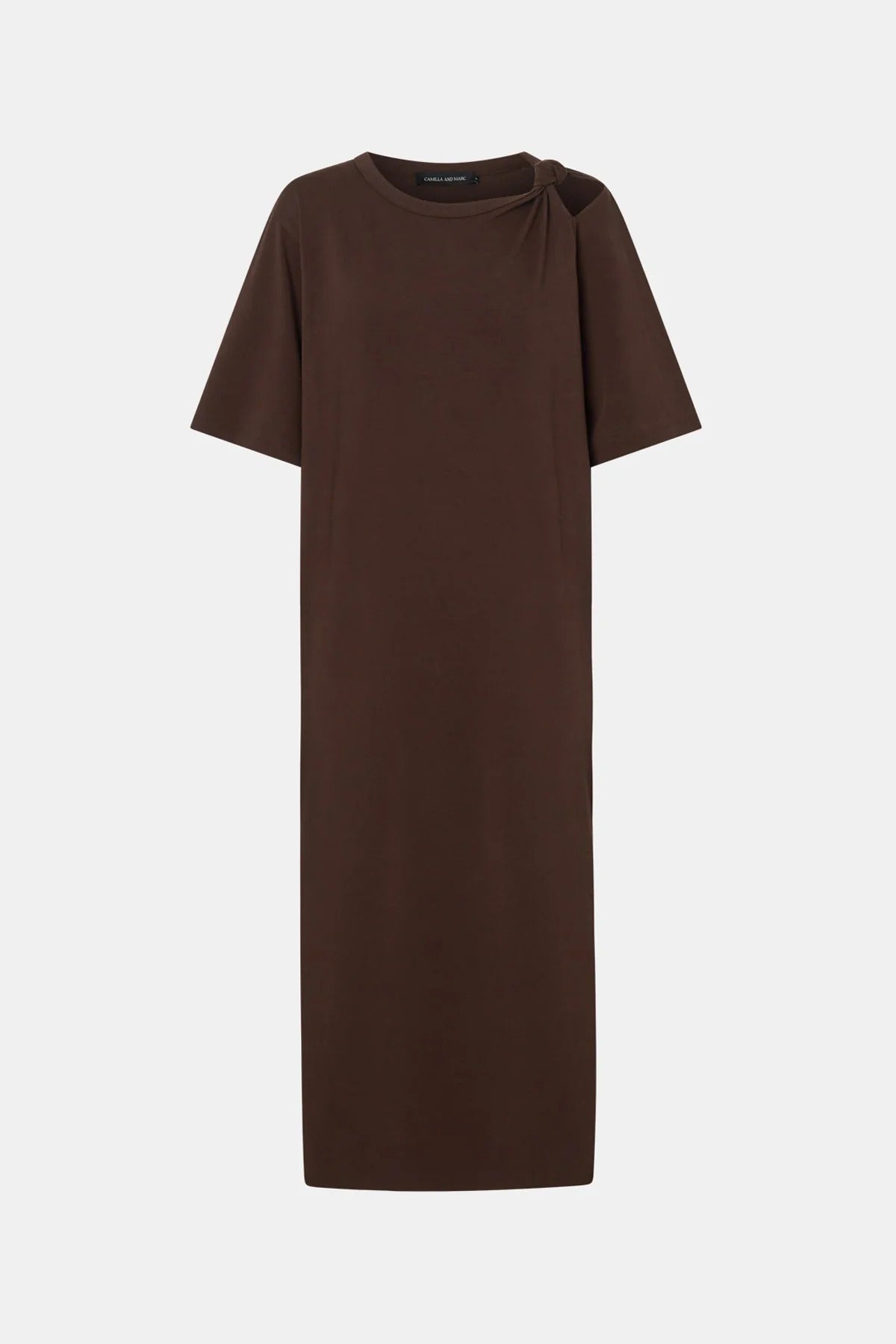 Juno Knot Tee Dress by Camilla and Marc — a chocolate cotton maxi with an asymmetric cut-out and draped knot detail for modern everyday wear.