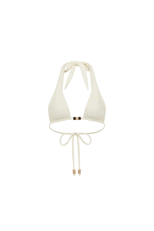 Kaia Triangle Cream by Khamì – thick triangle halter top with adjustable ties and beaded accents. Made from recycled swim fabric.