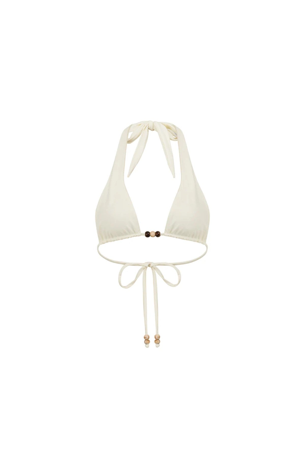 Kaia Triangle Cream by Khamì – thick triangle halter top with adjustable ties and beaded accents. Made from recycled swim fabric.