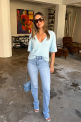 Kaia V Neck Knit Top Blue by Sneaky Link – a soft knit top with V-neck and short sleeves. Perfect for easy everyday styling.