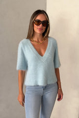 Kaia V Neck Knit Top Blue by Sneaky Link – a soft knit top with V-neck and short sleeves. Perfect for easy everyday styling.