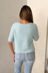 Kaia V Neck Knit Top Blue by Sneaky Link – a soft knit top with V-neck and short sleeves. Perfect for easy everyday styling.