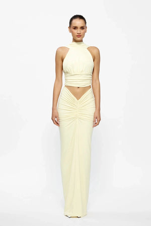 Kayson Maxi Skirt Lemon by Effie Kats, sleek floor-length silhouette with elegant flow, perfect for events or chic day styling.