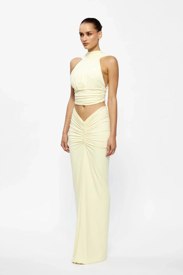Kayson Maxi Skirt Lemon by Effie Kats, sleek floor-length silhouette with elegant flow, perfect for events or chic day styling.