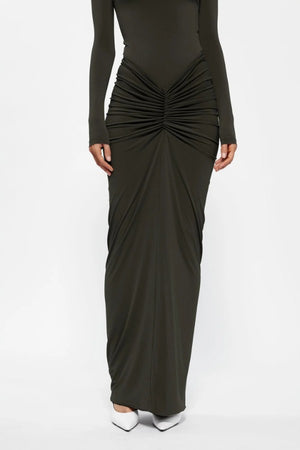 Kayson Skirt in Bark by Effie Kats, a high-waisted stretch crepe skirt with versatile ruched detailing, designed to flatter and style front, side, or back.