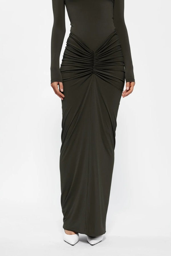 Kayson Skirt in Bark by Effie Kats, a high-waisted stretch crepe skirt with versatile ruched detailing, designed to flatter and style front, side, or back.