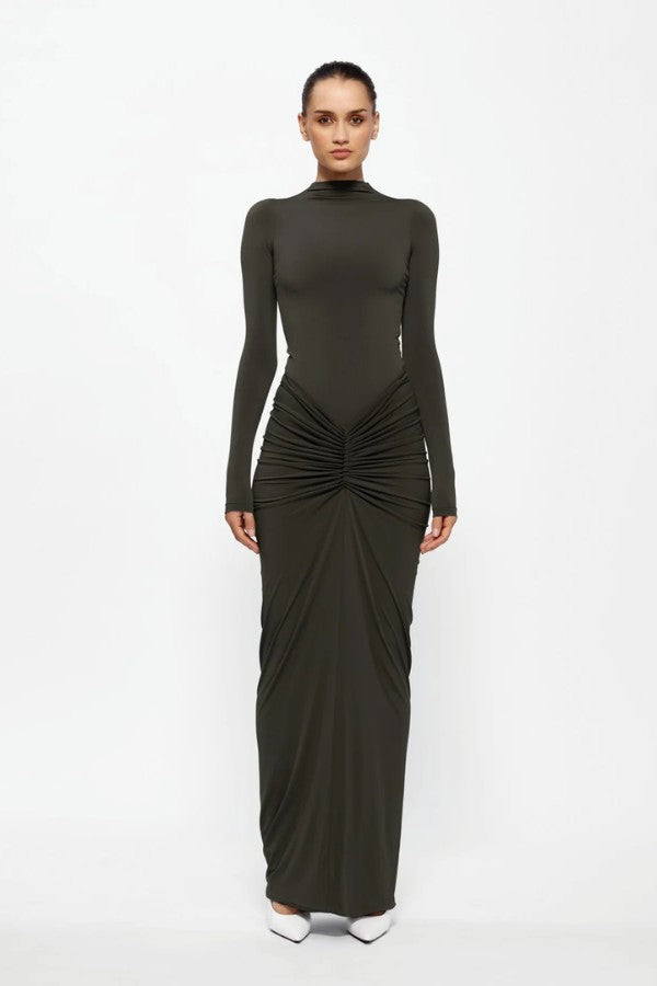 Kayson Skirt in Bark by Effie Kats, a high-waisted stretch crepe skirt with versatile ruched detailing, designed to flatter and style front, side, or back.