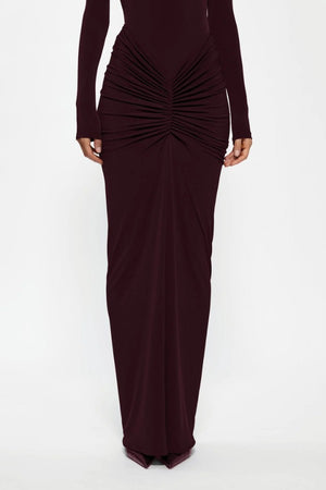 Kayson Skirt in Black Cherry by Effie Kats, versatile high-waisted stretch crepe skirt with ruched detailing, sculpting silhouette, and customizable styling.