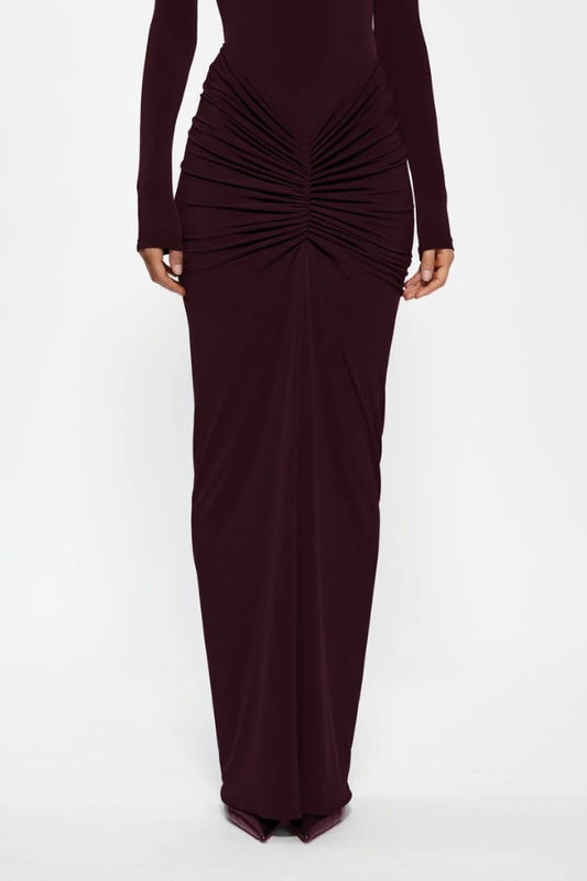 Kayson Skirt in Black Cherry by Effie Kats, versatile high-waisted stretch crepe skirt with ruched detailing, sculpting silhouette, and customizable styling.