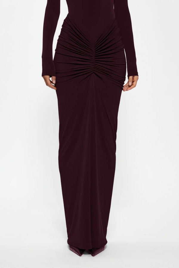 Kayson Skirt in Black Cherry by Effie Kats, versatile high-waisted stretch crepe skirt with ruched detailing, sculpting silhouette, and customizable styling.