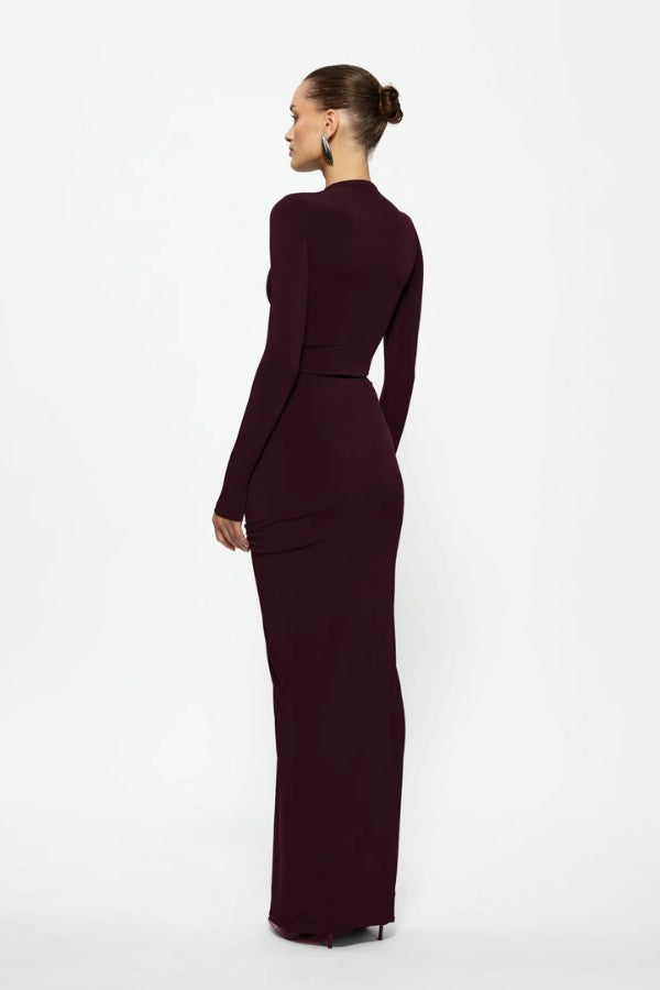 Kayson Skirt in Black Cherry by Effie Kats, versatile high-waisted stretch crepe skirt with ruched detailing, sculpting silhouette, and customizable styling.