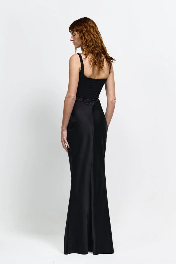 Keanna Gown in Black by Effie Kats, a structured square-neck gown with a draped cowl waist, blending crepe and satin for elegant eveningwear.