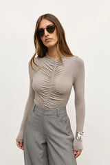 Kelsie Bodysuit Dove Grey  by Bayse – long sleeve fitted bodysuit with centre-front ruching and second-skin fit.