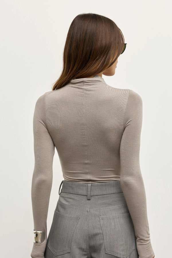 Kelsie Bodysuit Dove Grey  by Bayse – long sleeve fitted bodysuit with centre-front ruching and second-skin fit.