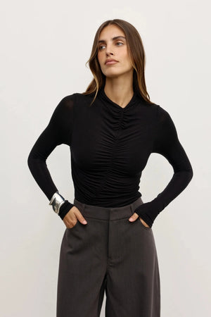 Kelsie Bodysuit Shadow by Bayse – long sleeve fitted bodysuit with centre-front ruching and second-skin fit.