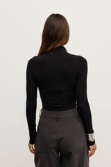 Kelsie Bodysuit Shadow by Bayse – long sleeve fitted bodysuit with centre-front ruching and second-skin fit.