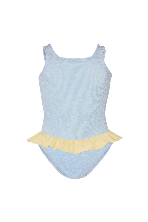 Kids Duo Denise Swim Metallic Ice Blue Butter by Hunza G - kids crinkle swim set with frill detail, designed for playful comfortable wear.