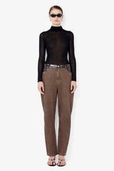 Kinley Contrast Jean Chocolate by Bec + Bridge – barrel leg denim jeans with faux leather contrast detailing.