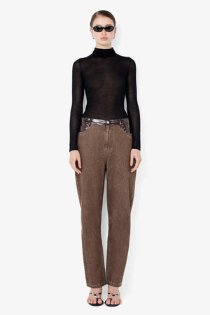 Kinley Contrast Jean Chocolate by Bec + Bridge – barrel leg denim jeans with faux leather contrast detailing.
