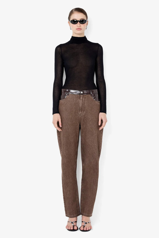 Kinley Contrast Jean Chocolate by Bec + Bridge – barrel leg denim jeans with faux leather contrast detailing.