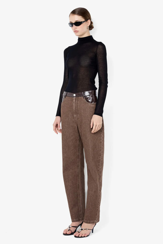 Kinley Contrast Jean Chocolate by Bec + Bridge – barrel leg denim jeans with faux leather contrast detailing.