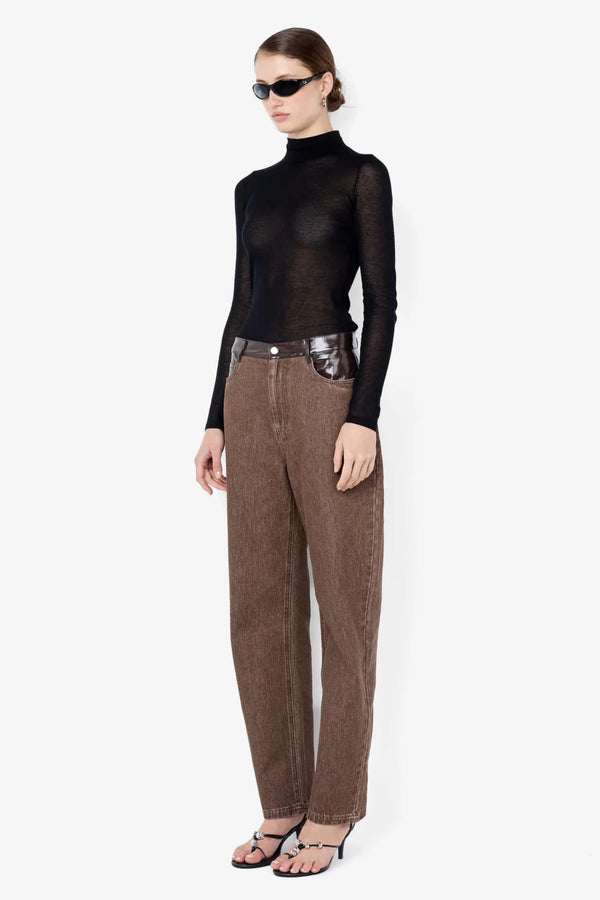 Kinley Contrast Jean Chocolate by Bec + Bridge – barrel leg denim jeans with faux leather contrast detailing.