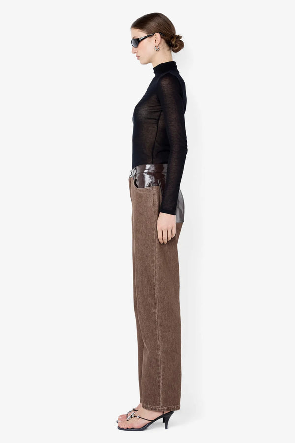 Kinley Contrast Jean Chocolate by Bec + Bridge – barrel leg denim jeans with faux leather contrast detailing.