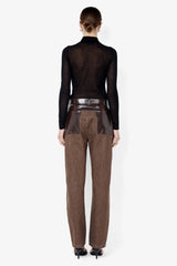 Kinley Contrast Jean Chocolate by Bec + Bridge – barrel leg denim jeans with faux leather contrast detailing.