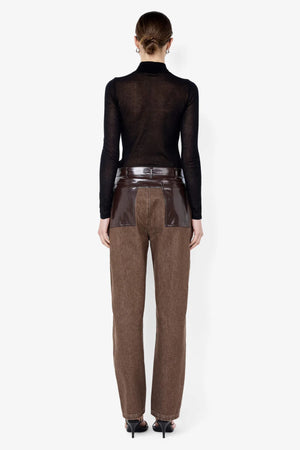 Kinley Contrast Jean Chocolate by Bec + Bridge – barrel leg denim jeans with faux leather contrast detailing.