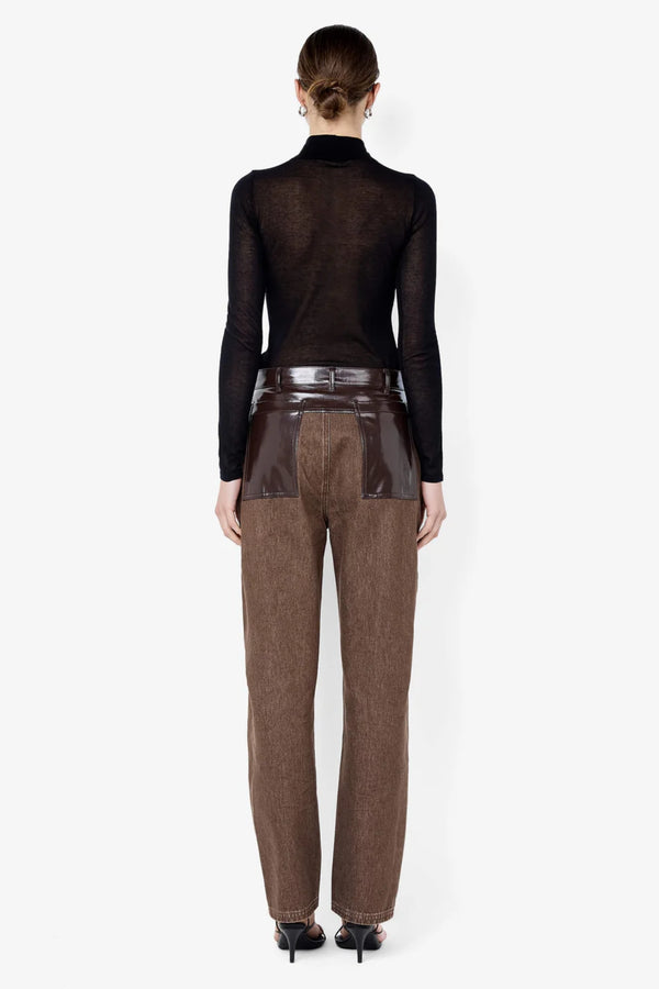 Kinley Contrast Jean Chocolate by Bec + Bridge – barrel leg denim jeans with faux leather contrast detailing.
