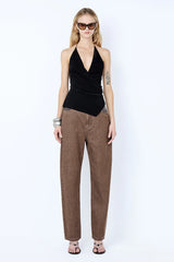 Kinley Contrast Jean in Chocolate by Benni, a mid-rise barrel-leg jean in dark denim with faux leather contrast waistband and pockets.