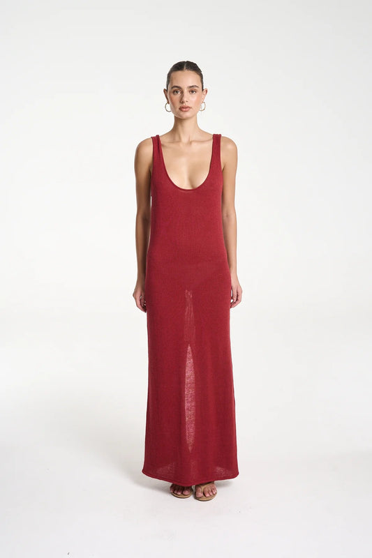 Knit Maxi Dress by Summi Summi — a carmine red linen–cotton knit maxi with a scoop neck and relaxed drape, perfect for effortless summer styling.