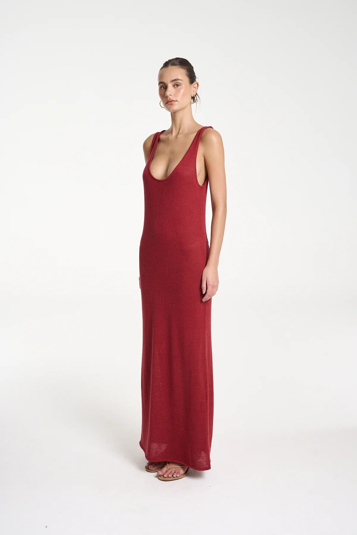 Knit Maxi Dress by Summi Summi — a carmine red linen–cotton knit maxi with a scoop neck and relaxed drape, perfect for effortless summer styling.
