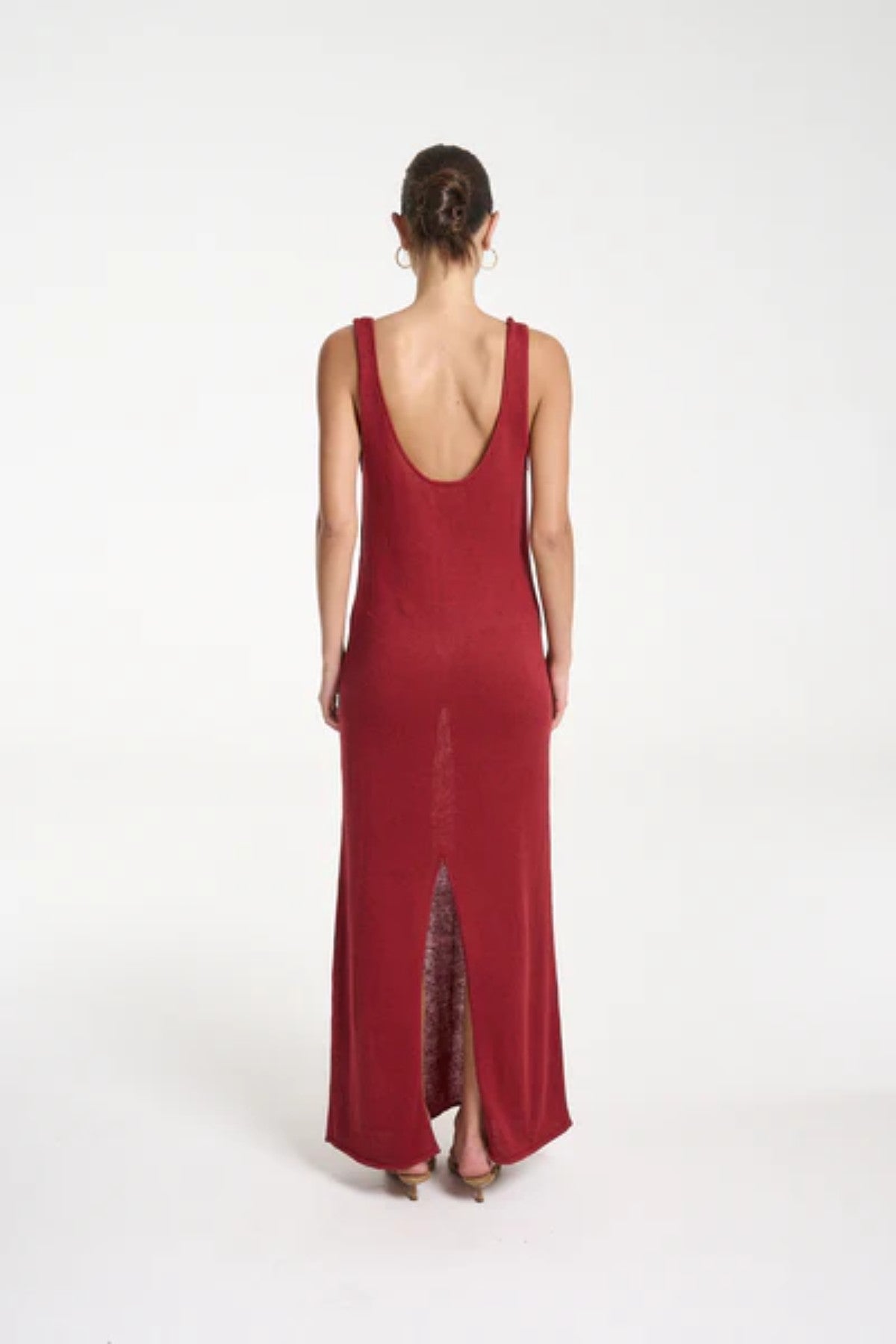Knit Maxi Dress by Summi Summi — a carmine red linen–cotton knit maxi with a scoop neck and relaxed drape, perfect for effortless summer styling.