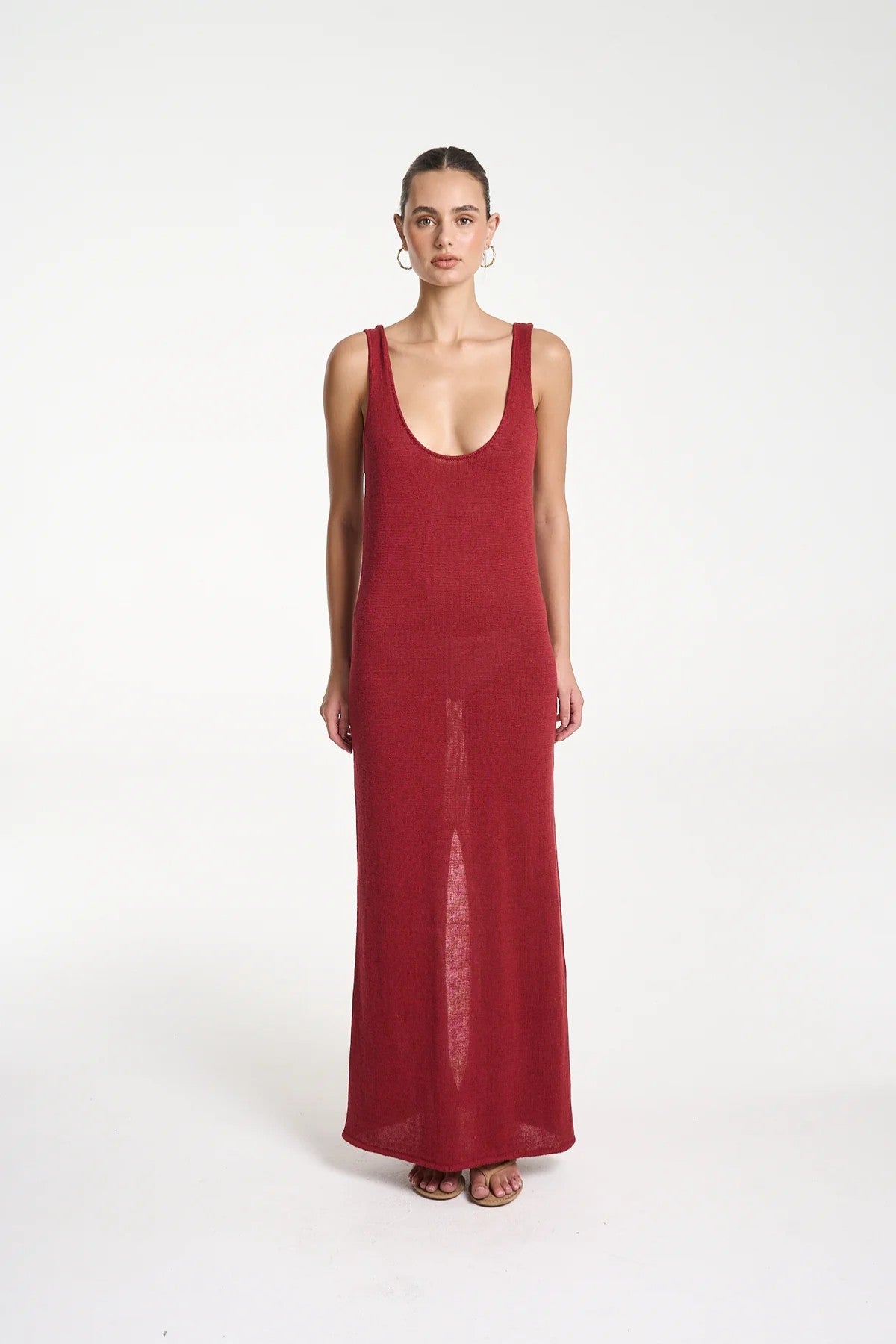 Knit Maxi Dress by Summi Summi — a carmine red linen–cotton knit maxi with a scoop neck and relaxed drape, perfect for effortless summer styling.