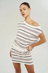 Knit Mini Skirt in Dusty Rose Pink by Summi Summi, a cotton knit mini with soft stripes and an elastic waistband for everyday wear.