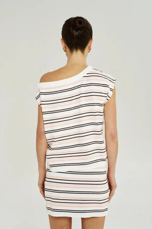 Knit Off Shoulder Top in Dusty Rose Stripe by Summi Summi, a relaxed cotton knit top with an asymmetrical off-shoulder design.