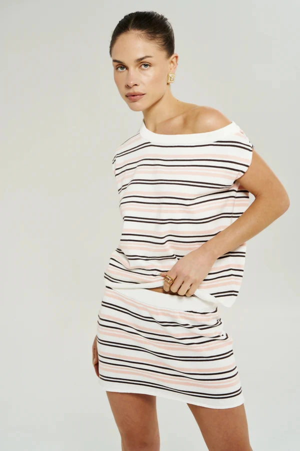 Knit Off Shoulder Top in Dusty Rose Stripe by Summi Summi, a relaxed cotton knit top with an asymmetrical off-shoulder design.