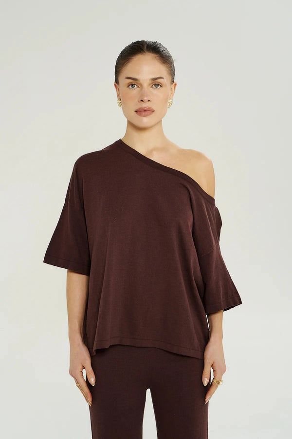 Knit Tee in Chocolate by Summi Summi, a relaxed cotton slub knit top with an off-shoulder neckline and soft, effortless drape.