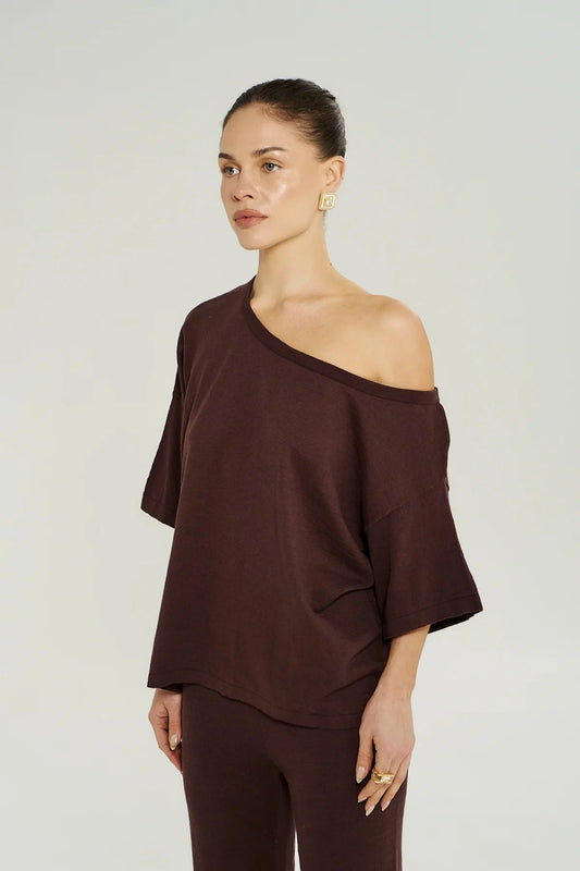 Knit Tee in Chocolate by Summi Summi, a relaxed cotton slub knit top with an off-shoulder neckline and soft, effortless drape.