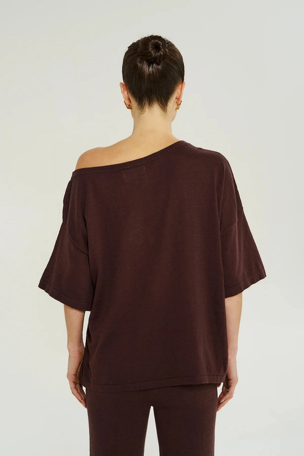Knit Tee in Chocolate by Summi Summi, a relaxed cotton slub knit top with an off-shoulder neckline and soft, effortless drape.