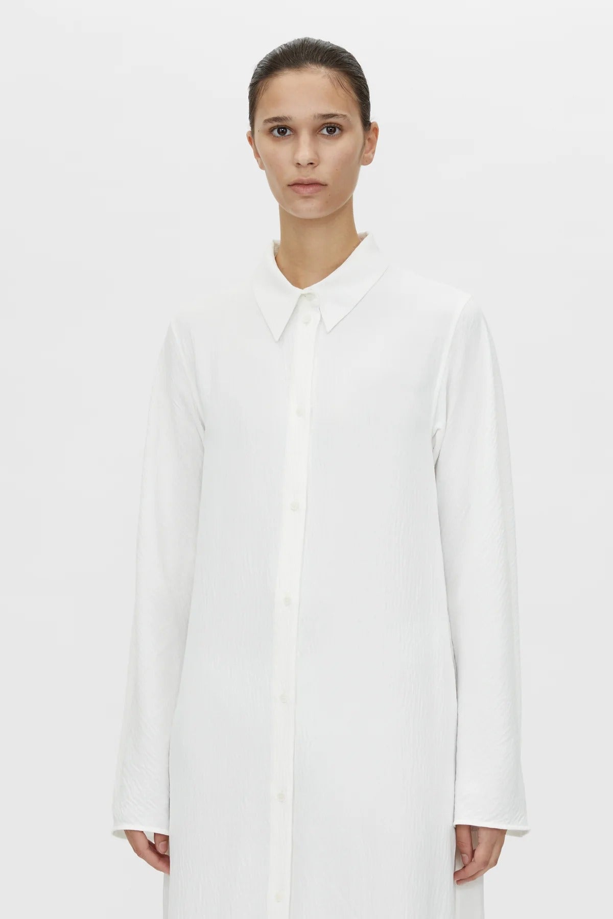 Kusama Overshirt Dress by Camilla and Marc – a soft white maxi shirt dress with clean lines and side splits, perfect for polished days.