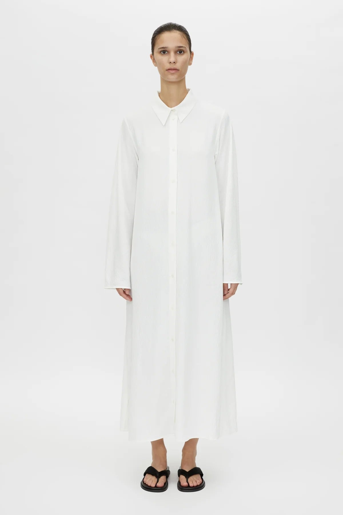 Kusama Overshirt Dress by Camilla and Marc – a soft white maxi shirt dress with clean lines and side splits, perfect for polished days.
