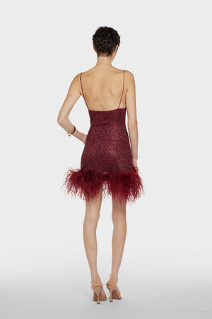 Lumiere Plumage Short Dress Burgundy by Oséree – Trendy metallic mini with deep V neckline and real ostrich feather trim, perfect for glamorous evenings and standout celebrations.