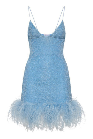 Lumiere Plumage Short Dress Crystal by Oséree – Trendy shimmering mini with deep V neckline, real ostrich feather hem, and delicate straps, perfect for dazzling special occasions.