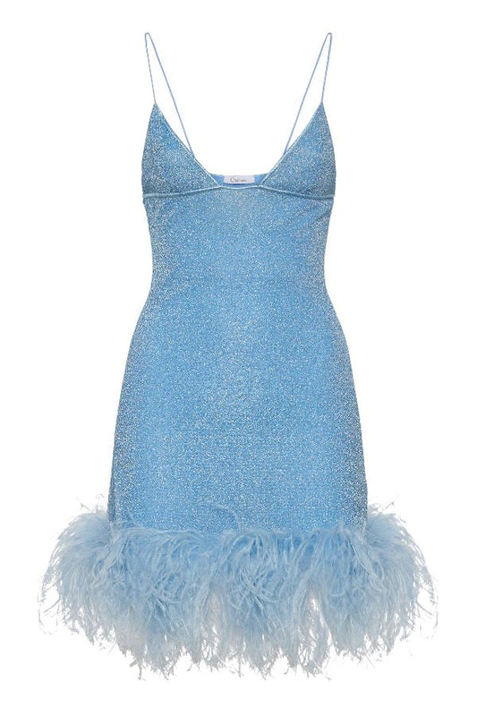Lumiere Plumage Short Dress Crystal by Oséree – Trendy shimmering mini with deep V neckline, real ostrich feather hem, and delicate straps, perfect for dazzling special occasions.