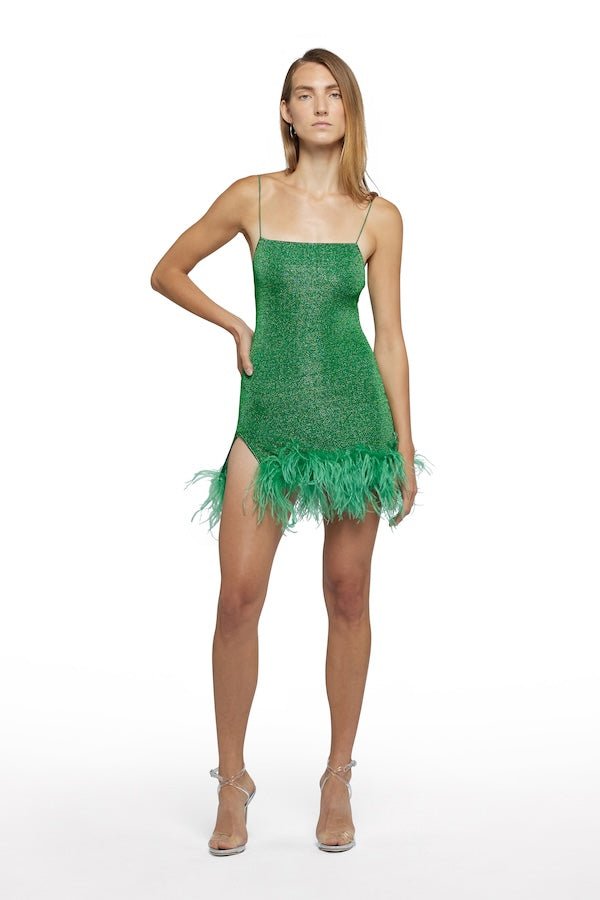 Lumiere Plumage Mini Dress Emerald Green by Oséree – A sophisticated, trendy mini adorned with real ostrich feathers, perfect for elegant evenings and standout events.